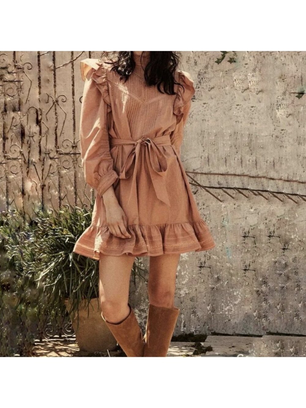 Doen Moore Long Sleeve Ruffle Lace Mini Dress Women’s Small Maple Brown Orange